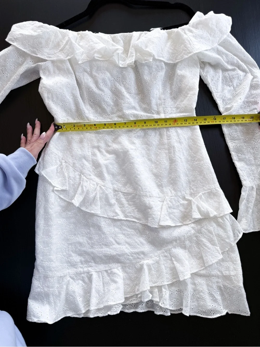 SABO LUXE White Eyelet Ruffle Mini Dress | Open Back | 100% Cotton | Size L - Picture 9 of 13